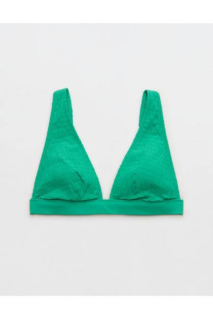 Aerie Banded Plunge Smocked Bikini Top Leaf Green