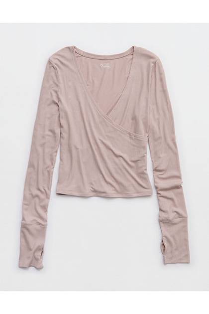 OFFLINE By Aerie Thumbs Up Ribbed Wrap Top Pebble