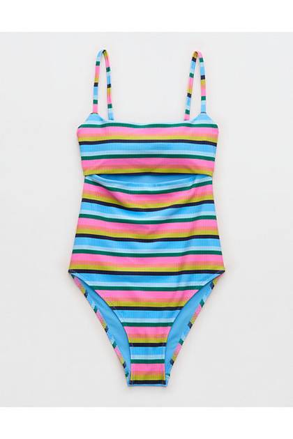 Aerie Cutout Shine Rib One Piece Swimsuit Pink Punch