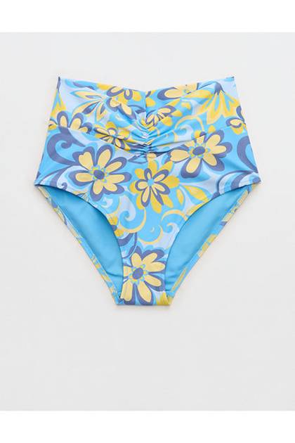 Aerie Ruched High Waisted Full Coverage Bikini Bottom Blue Plunge