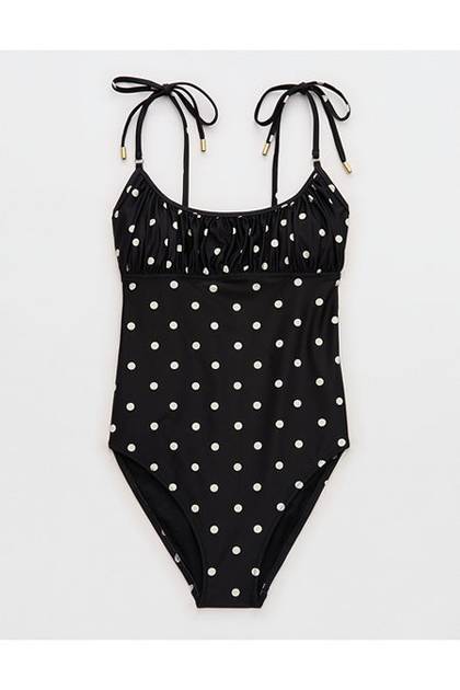 Aerie Ruched Scoop Full Coverage One Piece Swimsuit True Black