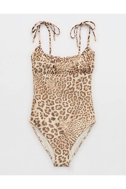 Aerie Mesh Ruched Scoop Full Coverage One Piece Swimsuit Natural