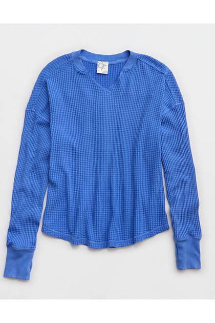 OFFLINE By Aerie Wow! Waffle Notch Neck Long Sleeve T-Shirt Ice Blue