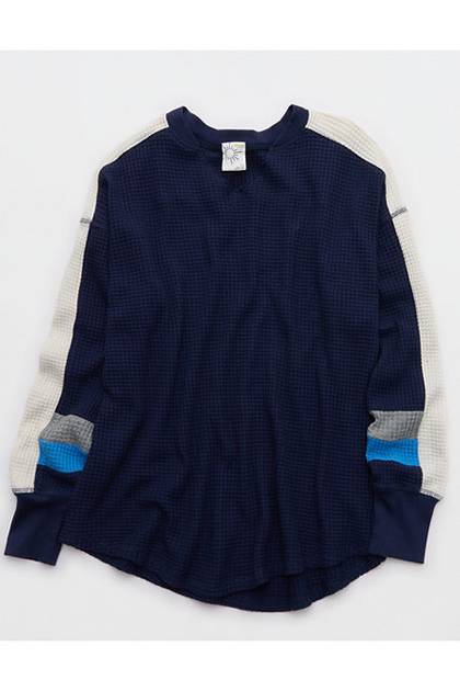 OFFLINE By Aerie Wow! Waffle Notch Neck Long Sleeve T-Shirt Royal Navy