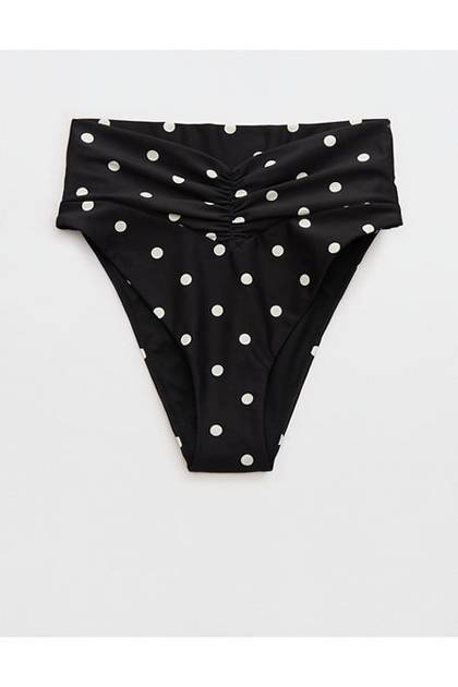 Aerie High Cut Ruched Cheeky Bikini Bottom True Black