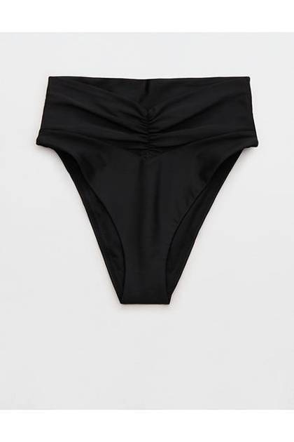 Aerie Ruched High Cut Cheeky Bikini Bottom True Black
