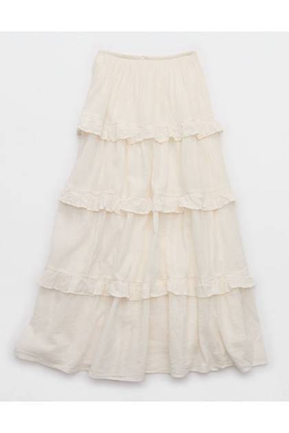 Aerie Ready To Ruffle Tiered Midaxi Skirt Natural