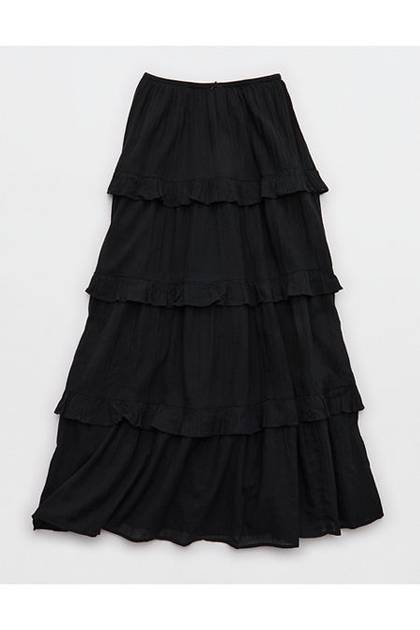 Aerie Ready To Ruffle Tiered Midaxi Skirt True Black