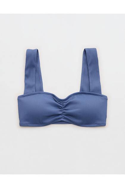 Aerie Ruched Wide Strap Bandeau Bikini Top Marbled Blue