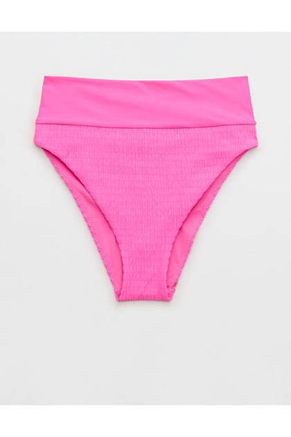 Aerie Smocked High Cut Cheeky Bikini Bottom Pink Punch