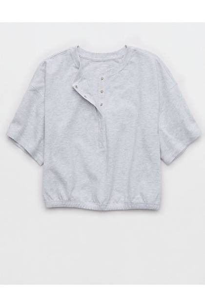 OFFLINE By Aerie Pique Henley Short Sleeve T-Shirt Light Heather Gray