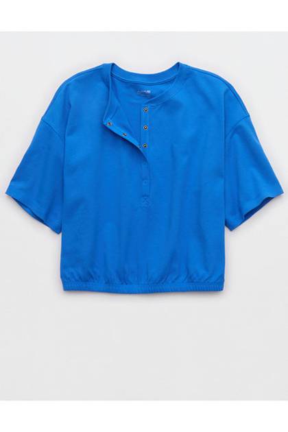 OFFLINE By Aerie Pique Henley Short Sleeve T-Shirt Blue Vibe