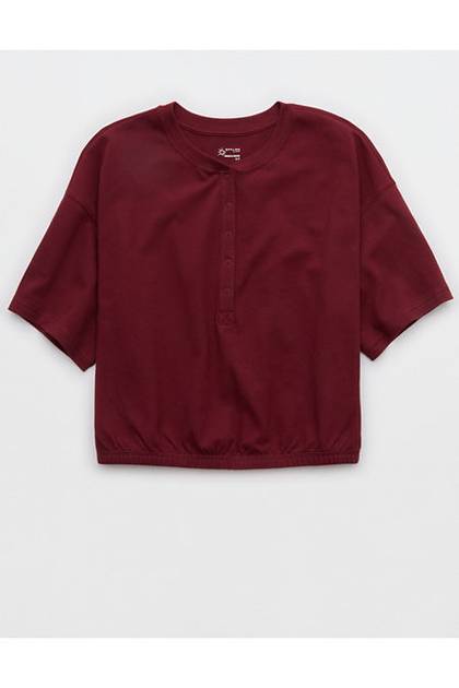 OFFLINE By Aerie Pique Henley Short Sleeve T-Shirt Raisin Red