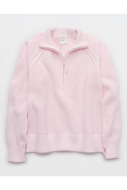 OFFLINE By Aerie Cool Down Quarter Zip Waffle Sweater Pink Petal