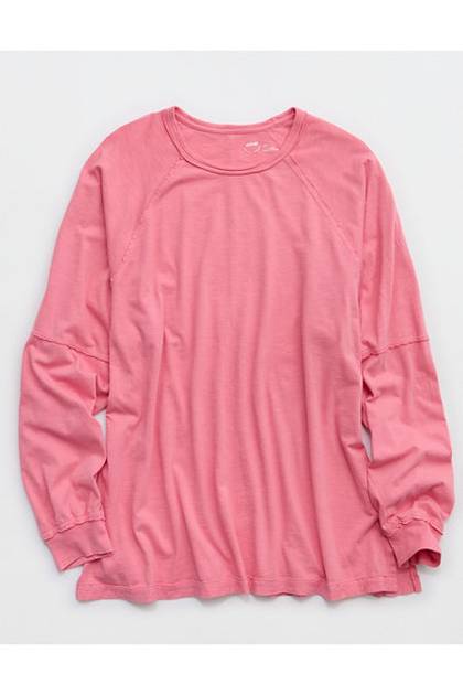 Aerie Cozy Long Sleeve Oversized Boyfriend T-Shirt Playful Pink