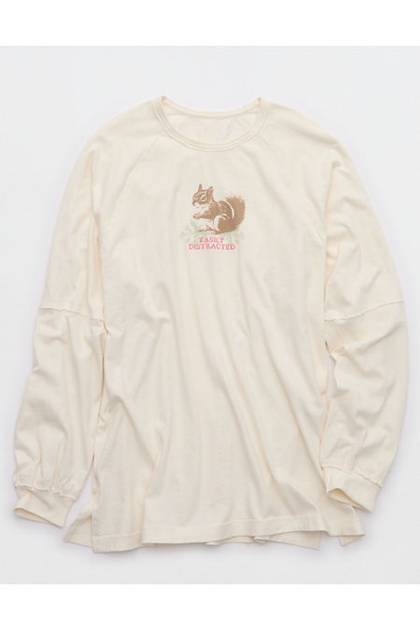 Aerie Cozy Long Sleeve Oversized Boyfriend T-Shirt Natural
