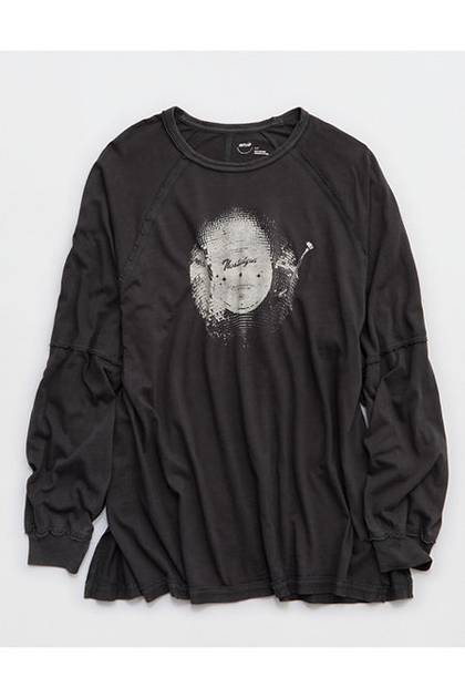 Aerie Cozy Long Sleeve Oversized Boyfriend T-Shirt Smoked Gray