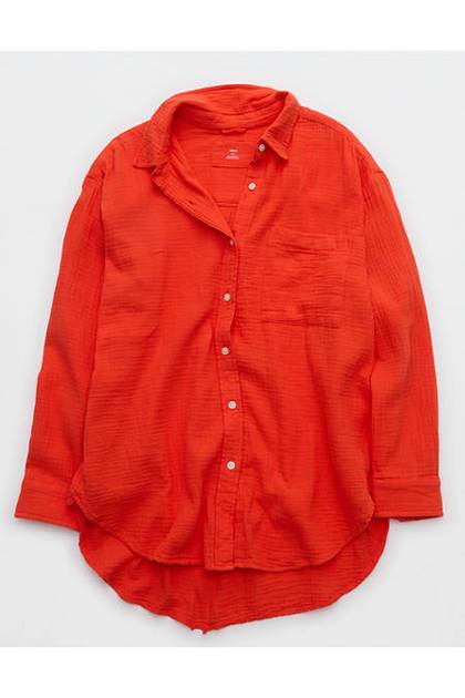 Aerie Day-Off Cover Up Shirt Orange Flare