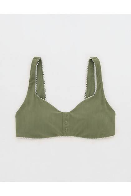 OFFLINE By Aerie Real Me XTRA Rib Picot Sports Bra Olive Fun