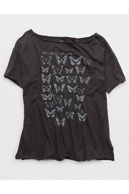 Aerie Oversized Off The Shoulder Boyfriend T-Shirt Smoked Gray