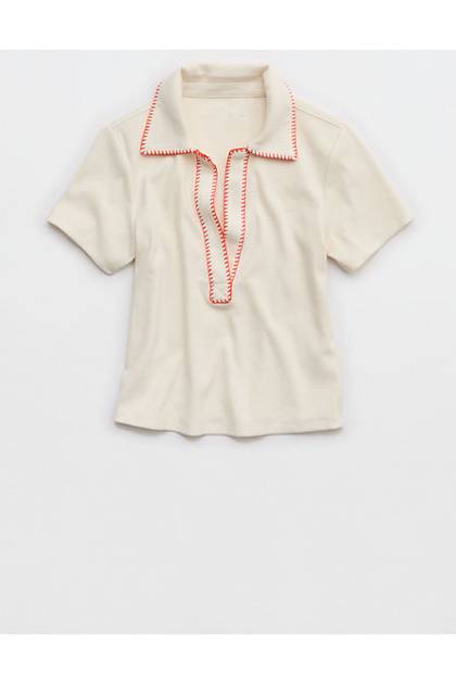 Aerie Cropped Polo T-Shirt Natural