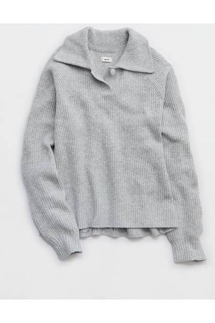 Aerie Classic Quarter Button Sweater Medium Heather Gray