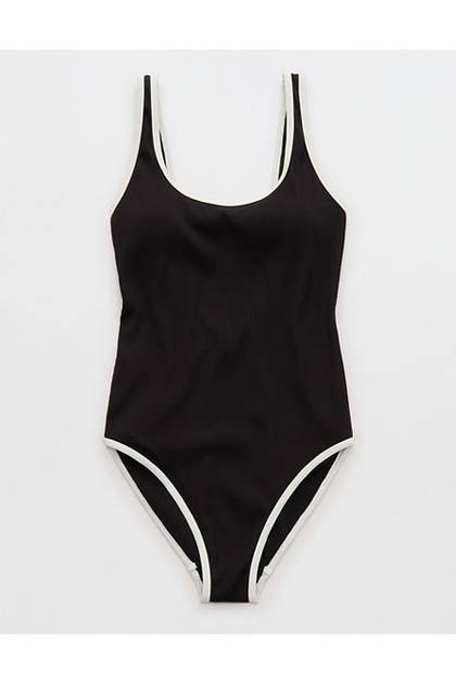 Aerie Scoop Full Coverage Ribbed One Piece Swimsuit True Black