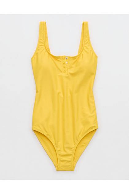 Aerie Henley Full Coverage One Piece Swimsuit Yellow Infusion