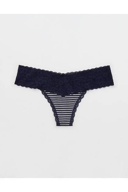 Superchill Vintage Lace Cotton Thong Underwear Navy