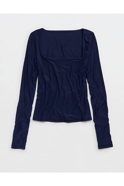 SMOOTHEZ Square Neck Long Sleeve T-Shirt Navy