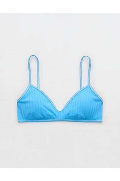 Aerie Skinny Strap Voop Ribbed Bikini Top Blue Plunge