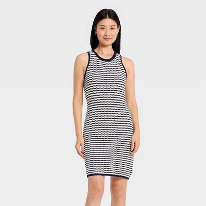 Women's Crochet Mini Sweater Dress - A New Day™ Navy Blue Striped XS