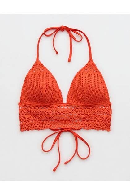 Aerie Longline Crochet Triangle Bikini Top Orange Flare