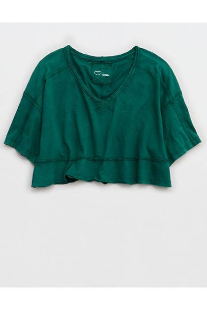 Aerie Happiest Cropped V Neck T-Shirt Deep Forest