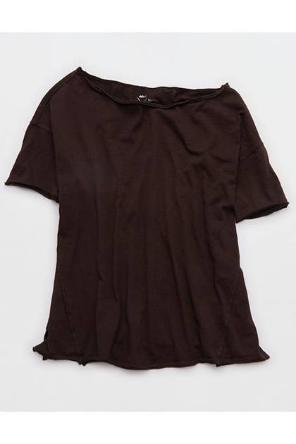 Aerie Off The Shoulder Oversized Boyfriend T-Shirt Deep Earth