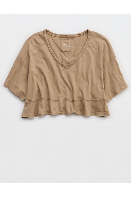 Aerie Happiest Cropped V Neck T-Shirt Toasted Almond