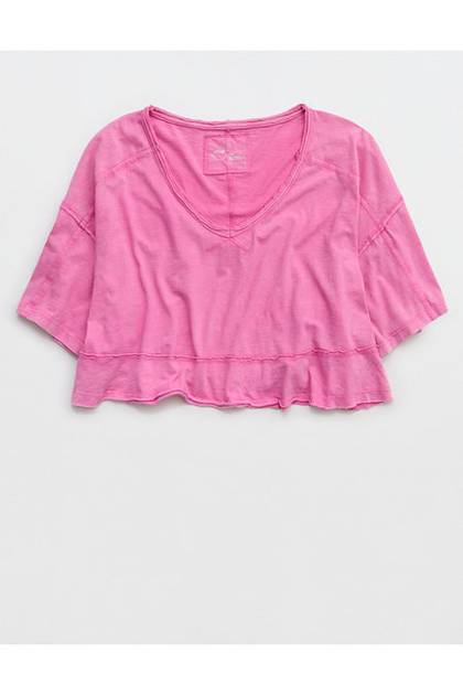 Aerie Happiest Cropped V Neck T-Shirt Hot Fuchsia