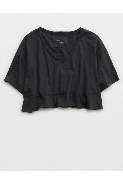 Aerie Happiest Cropped V Neck T-Shirt Smoked Gray