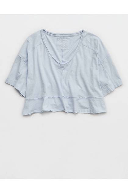 Aerie Happiest Cropped V Neck T-Shirt Misty Sky