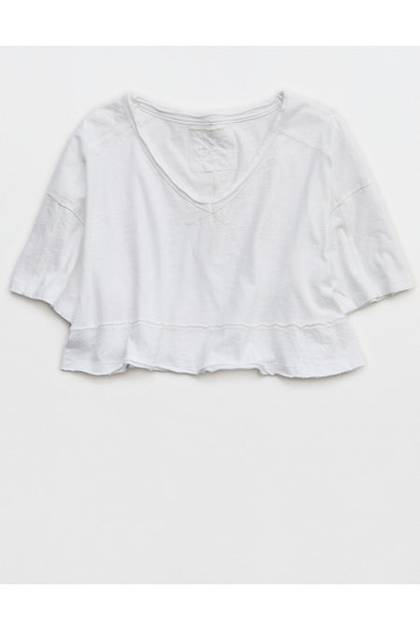 Aerie Happiest Cropped V Neck T-Shirt White