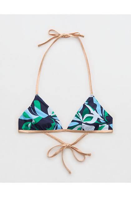 Aerie Reversible Metallic Binding Halter Triangle Bikini Top Navy