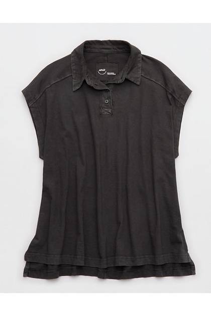 Aerie Happiest Oversized Polo T-Shirt Smoked Gray