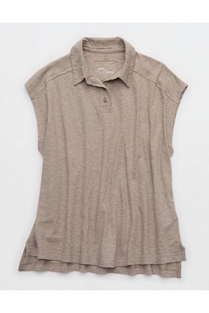 Aerie Happiest Oversized Polo T-Shirt Heathered Taupe