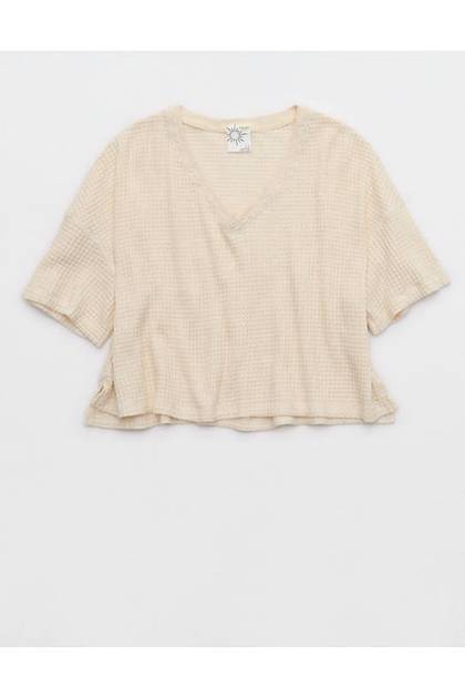 OFFLINE By Aerie Wow! Waffle V Neck Cropped Short Sleeve T-Shirt Heather Frost