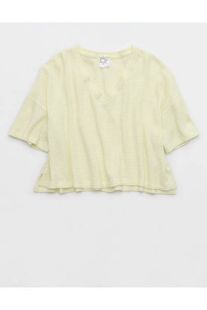 OFFLINE By Aerie Wow! Waffle V Neck Cropped Short Sleeve T-Shirt Green Beam