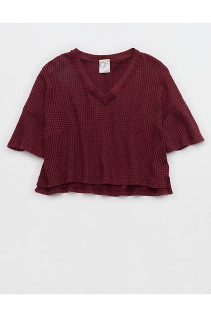 OFFLINE By Aerie Wow! Waffle V Neck Cropped Short Sleeve T-Shirt Raisin Red