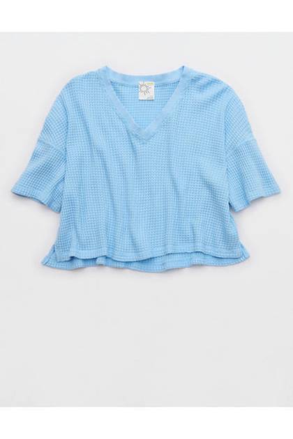 OFFLINE By Aerie Wow! Waffle V Neck Cropped Short Sleeve T-Shirt Divine Blue