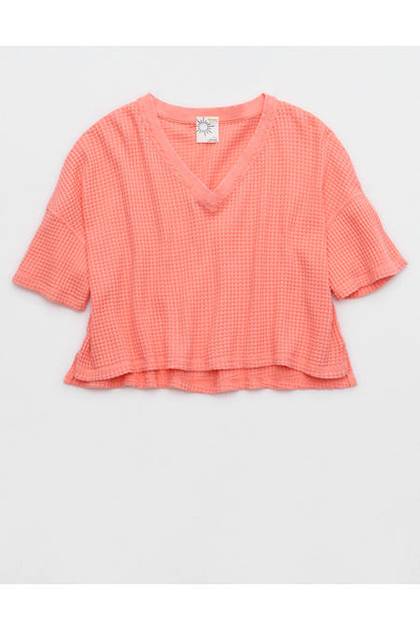 OFFLINE By Aerie Wow! Waffle V Neck Cropped Short Sleeve T-Shirt Wild Peach