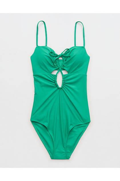 Aerie Ruched Cutout Full Coverage One Piece Swimsuit Leaf Green