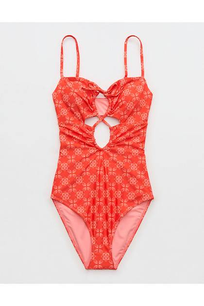Aerie Ruched Cutout Full Coverage One Piece Swimsuit Orange Flare